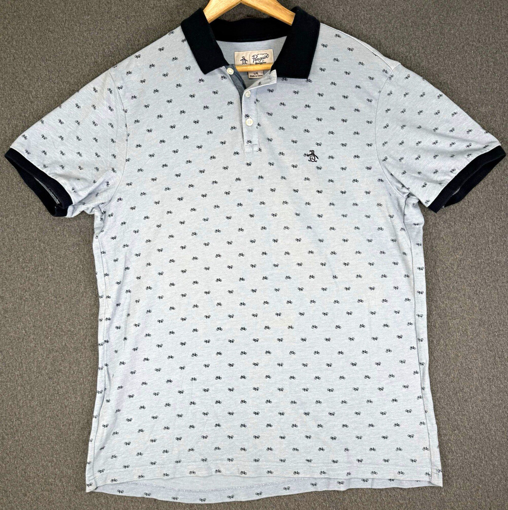 Original Penguin Mens Large Gray Bicycle Print Polo Shirt Black Collar Logo